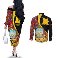 Personalized Angola Couples Matching Off The Shoulder Long Sleeve Dress and Long Sleeve Button Shirt Coat Of Arms Welwitschia Mirabilis
