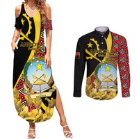 Personalized Angola Couples Matching Summer Maxi Dress and Long Sleeve Button Shirt Coat Of Arms Welwitschia Mirabilis