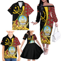 Personalized Angola Family Matching Off The Shoulder Long Sleeve Dress and Hawaiian Shirt Coat Of Arms Welwitschia Mirabilis