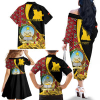 Personalized Angola Family Matching Off The Shoulder Long Sleeve Dress and Hawaiian Shirt Coat Of Arms Welwitschia Mirabilis