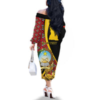 Personalized Angola Family Matching Off The Shoulder Long Sleeve Dress and Hawaiian Shirt Coat Of Arms Welwitschia Mirabilis