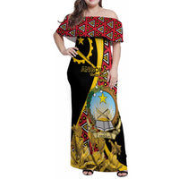 Personalized Angola Family Matching Off Shoulder Maxi Dress and Hawaiian Shirt Coat Of Arms Welwitschia Mirabilis