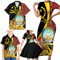 Personalized Angola Family Matching Short Sleeve Bodycon Dress and Hawaiian Shirt Coat Of Arms Welwitschia Mirabilis