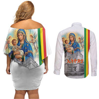 Ethiopian Christmas Couples Matching Off Shoulder Short Dress and Long Sleeve Button Shirt Saint Mary Lalibela Churches - Wonder Print Shop