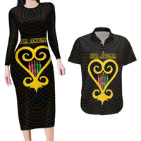Personalised Happy Black Love Day Couples Matching Long Sleeve Bodycon Dress and Hawaiian Shirt Sankofa Heart With Adinkra Pattern