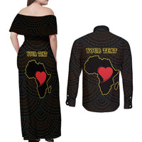 Personalised Happy Black Love Day Couples Matching Off Shoulder Maxi Dress and Long Sleeve Button Shirt Sankofa Heart With Adinkra Pattern