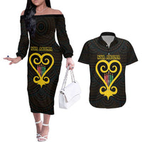 Personalised Happy Black Love Day Couples Matching Off The Shoulder Long Sleeve Dress and Hawaiian Shirt Sankofa Heart With Adinkra Pattern