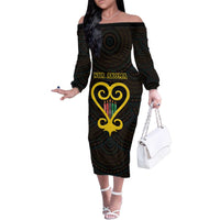 Personalised Happy Black Love Day Family Matching Off The Shoulder Long Sleeve Dress and Hawaiian Shirt Sankofa Heart With Adinkra Pattern
