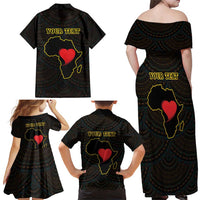 Personalised Happy Black Love Day Family Matching Off Shoulder Maxi Dress and Hawaiian Shirt Sankofa Heart With Adinkra Pattern