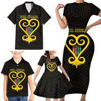 Personalised Happy Black Love Day Family Matching Short Sleeve Bodycon Dress and Hawaiian Shirt Sankofa Heart With Adinkra Pattern