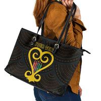Personalised Happy Black Love Day Leather Tote Bag Sankofa Heart With Adinkra Pattern
