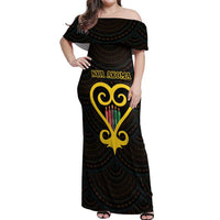 Personalised Happy Black Love Day Off Shoulder Maxi Dress Sankofa Heart With Adinkra Pattern - Wonder Print Shop