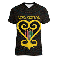 Personalised Happy Black Love Day Women V-Neck T-Shirt Sankofa Heart With Adinkra Pattern - Wonder Print Shop