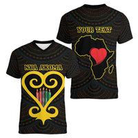 Personalised Happy Black Love Day Women V-Neck T-Shirt Sankofa Heart With Adinkra Pattern - Wonder Print Shop