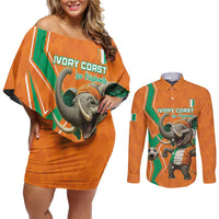 Custom Ivory Coast Football Couples Matching Off Shoulder Short Dress and Long Sleeve Button Shirt Go Les Elephants