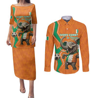 Custom Ivory Coast Football Couples Matching Puletasi and Long Sleeve Button Shirt Go Les Elephants