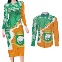 Personalised Ivory Coast Couples Matching Long Sleeve Bodycon Dress and Long Sleeve Button Shirt Elephant With Coat Of Arms