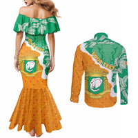 Personalised Ivory Coast Couples Matching Mermaid Dress and Long Sleeve Button Shirt Elephant With Coat Of Arms