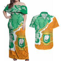 Personalised Ivory Coast Couples Matching Off Shoulder Maxi Dress and Hawaiian Shirt Elephant With Coat Of Arms