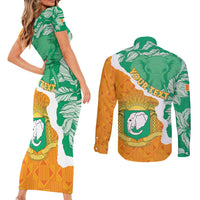 Personalised Ivory Coast Couples Matching Short Sleeve Bodycon Dress and Long Sleeve Button Shirt Elephant With Coat Of Arms
