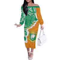 Personalised Ivory Coast Off The Shoulder Long Sleeve Dress Elephant With Coat Of Arms - Wonder Print Shop
