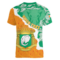 Personalised Ivory Coast Women V-Neck T-Shirt Elephant With Coat Of Arms - Wonder Print Shop
