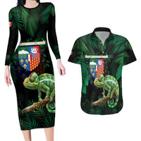 Reunion Island Couples Matching Long Sleeve Bodycon Dress and Hawaiian Shirt Furcifer Pardalis With Coat Of Arms