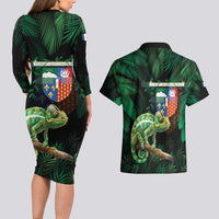 Reunion Island Couples Matching Long Sleeve Bodycon Dress and Hawaiian Shirt Furcifer Pardalis With Coat Of Arms