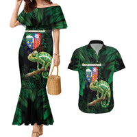 Reunion Island Couples Matching Mermaid Dress and Hawaiian Shirt Furcifer Pardalis With Coat Of Arms