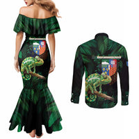 Reunion Island Couples Matching Mermaid Dress and Long Sleeve Button Shirt Furcifer Pardalis With Coat Of Arms