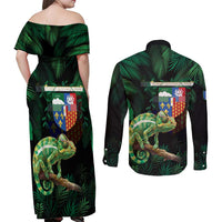Reunion Island Couples Matching Off Shoulder Maxi Dress and Long Sleeve Button Shirt Furcifer Pardalis With Coat Of Arms