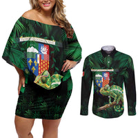 Reunion Island Couples Matching Off Shoulder Short Dress and Long Sleeve Button Shirt Furcifer Pardalis With Coat Of Arms