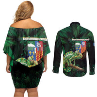 Reunion Island Couples Matching Off Shoulder Short Dress and Long Sleeve Button Shirt Furcifer Pardalis With Coat Of Arms