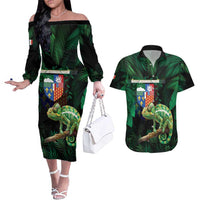 Reunion Island Couples Matching Off The Shoulder Long Sleeve Dress and Hawaiian Shirt Furcifer Pardalis With Coat Of Arms
