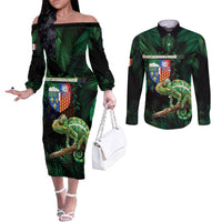 Reunion Island Couples Matching Off The Shoulder Long Sleeve Dress and Long Sleeve Button Shirt Furcifer Pardalis With Coat Of Arms