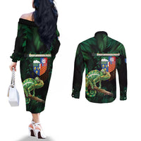 Reunion Island Couples Matching Off The Shoulder Long Sleeve Dress and Long Sleeve Button Shirt Furcifer Pardalis With Coat Of Arms