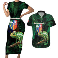 Reunion Island Couples Matching Short Sleeve Bodycon Dress and Hawaiian Shirt Furcifer Pardalis With Coat Of Arms