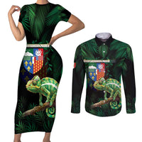 Reunion Island Couples Matching Short Sleeve Bodycon Dress and Long Sleeve Button Shirt Furcifer Pardalis With Coat Of Arms