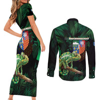 Reunion Island Couples Matching Short Sleeve Bodycon Dress and Long Sleeve Button Shirt Furcifer Pardalis With Coat Of Arms