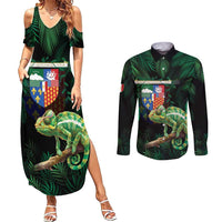Reunion Island Couples Matching Summer Maxi Dress and Long Sleeve Button Shirt Furcifer Pardalis With Coat Of Arms