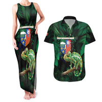 Reunion Island Couples Matching Tank Maxi Dress and Hawaiian Shirt Furcifer Pardalis With Coat Of Arms