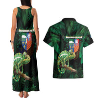 Reunion Island Couples Matching Tank Maxi Dress and Hawaiian Shirt Furcifer Pardalis With Coat Of Arms