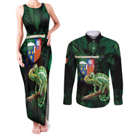 Reunion Island Couples Matching Tank Maxi Dress and Long Sleeve Button Shirt Furcifer Pardalis With Coat Of Arms