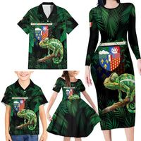 Reunion Island Family Matching Long Sleeve Bodycon Dress and Hawaiian Shirt Furcifer Pardalis With Coat Of Arms