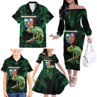 Reunion Island Family Matching Off The Shoulder Long Sleeve Dress and Hawaiian Shirt Furcifer Pardalis With Coat Of Arms
