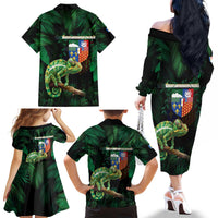 Reunion Island Family Matching Off The Shoulder Long Sleeve Dress and Hawaiian Shirt Furcifer Pardalis With Coat Of Arms