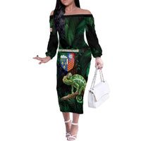 Reunion Island Family Matching Off The Shoulder Long Sleeve Dress and Hawaiian Shirt Furcifer Pardalis With Coat Of Arms