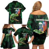 Reunion Island Family Matching Off Shoulder Short Dress and Hawaiian Shirt Furcifer Pardalis With Coat Of Arms