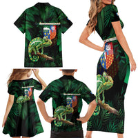 Reunion Island Family Matching Short Sleeve Bodycon Dress and Hawaiian Shirt Furcifer Pardalis With Coat Of Arms