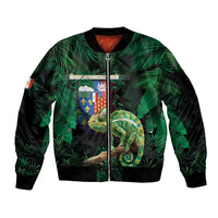 Reunion Island Sleeve Zip Bomber Jacket Furcifer Pardalis With Coat Of Arms - Wonder Print Shop